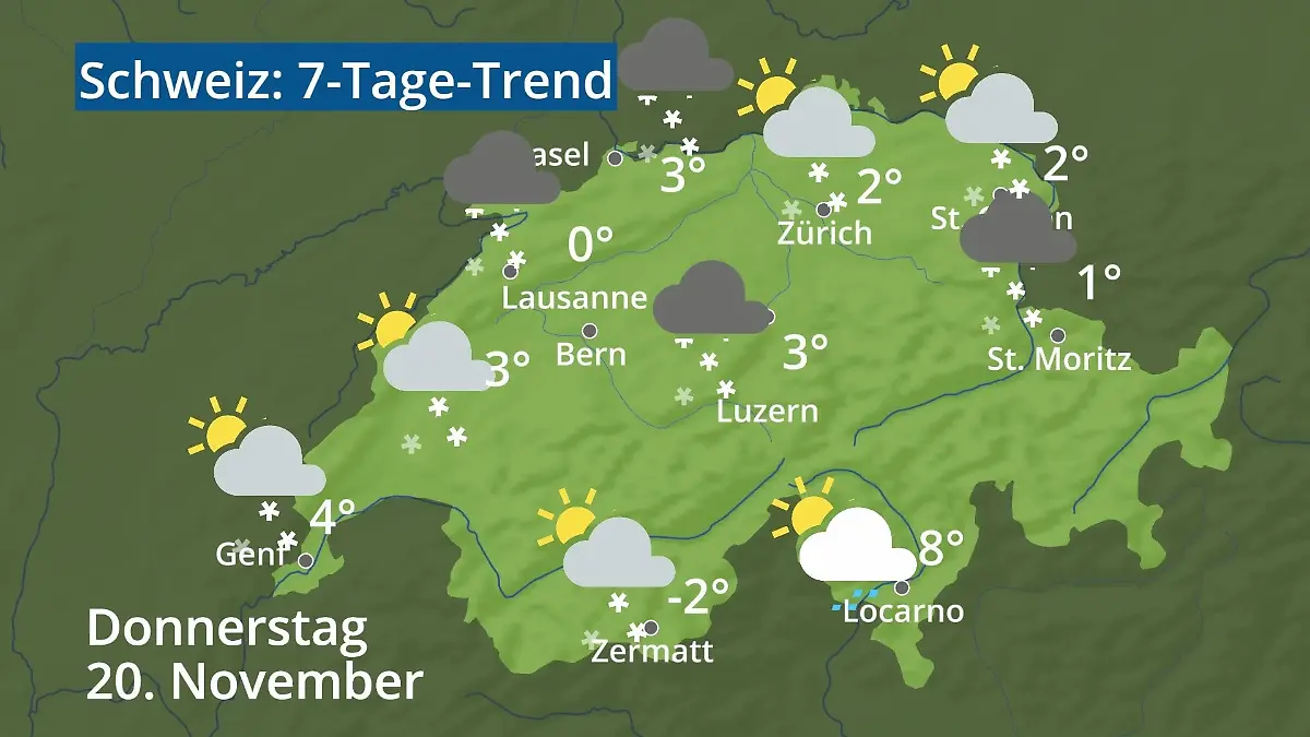 Schweiz: Wie wird das Wetter? Video 7-Tage-Trend: Bern, Basel, Genf, Zürich