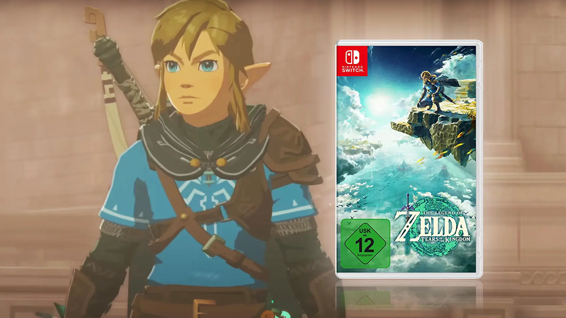 Link ist im Hintergrund zu erkennen, während neben ihm das neue Spiel "Tears of the Kingdom" leuchtend schwebt.