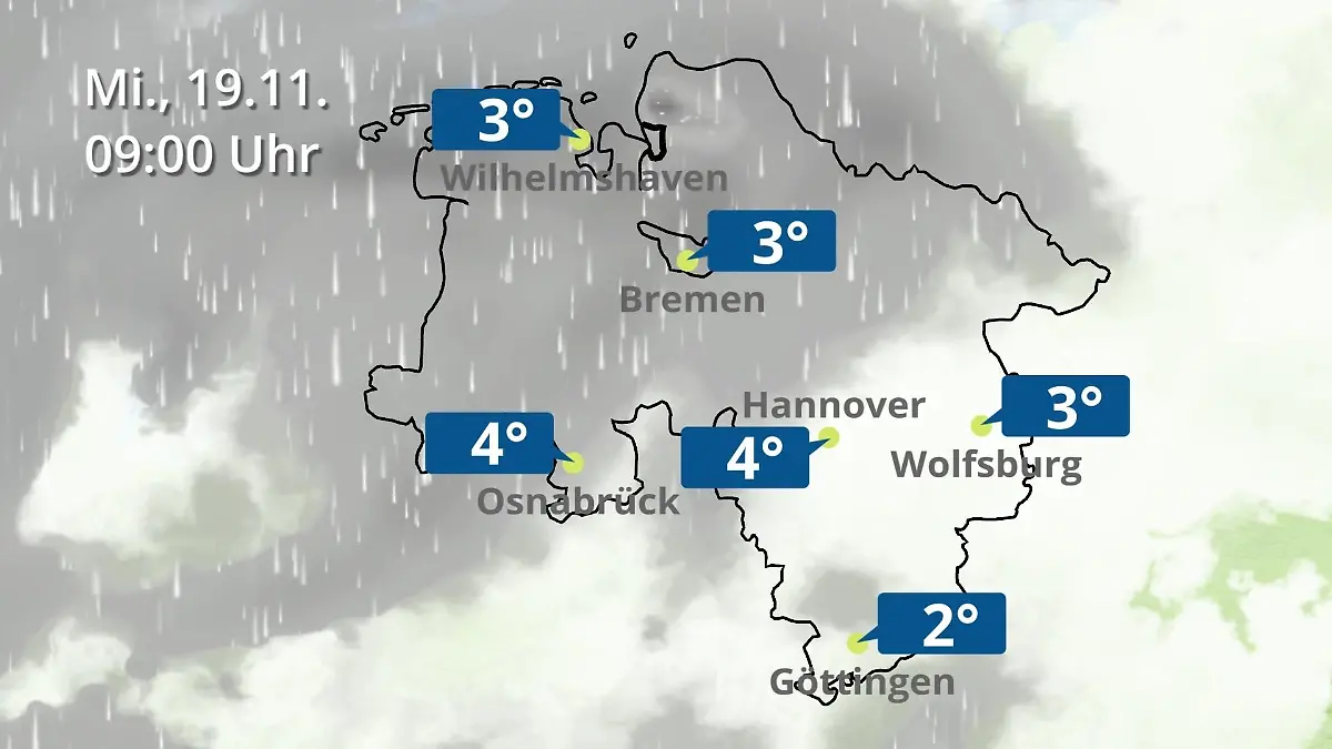 Bremen und Niedersachsen: Wie wird das Wetter? Regen- und Wolkenfilm für Hannover, Osnabrück und Wolfsburg