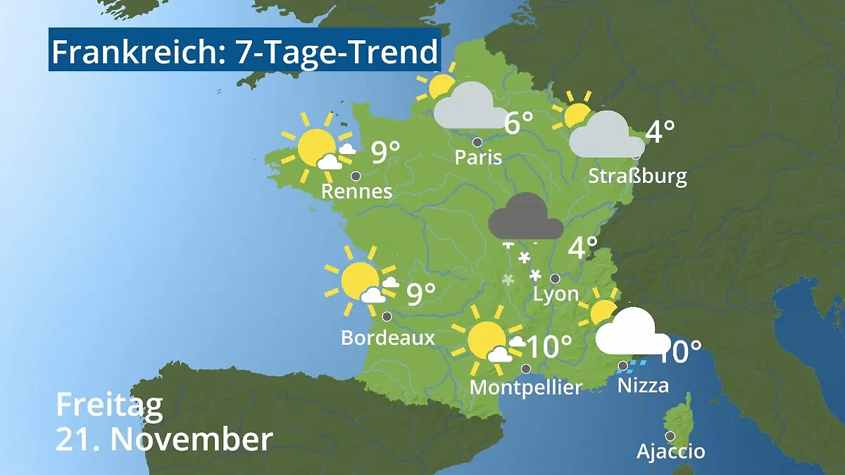 Frankreich: Wie wird das Wetter? Video 7-Tage-Trend: Paris, Straßburg, Nizza, Korsika