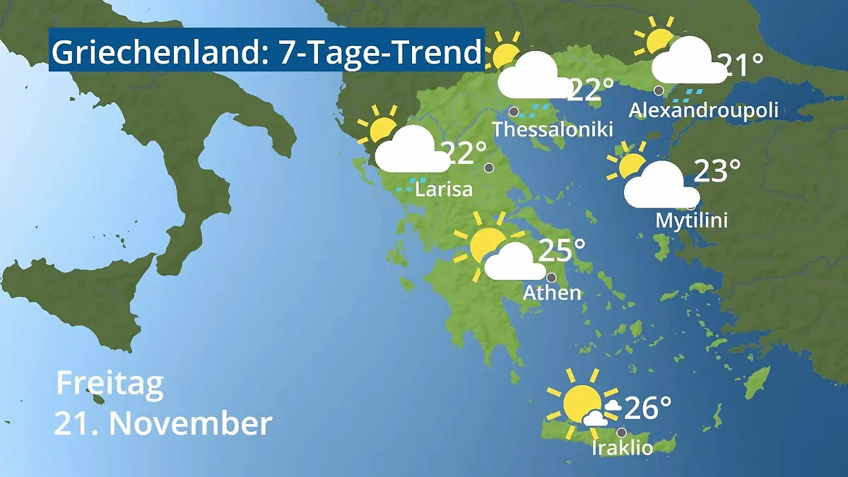 Griechenland: Wie wird das Wetter? Video 7-Tage-Trend: Athen, Kreta, Lesbos
