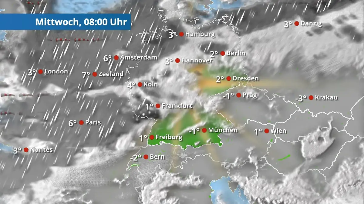 Tief Talat in Aktion: Schnee und Schneeregen ziehen übers Land Der Regen- und Wolkenfilm für 48 Stunden