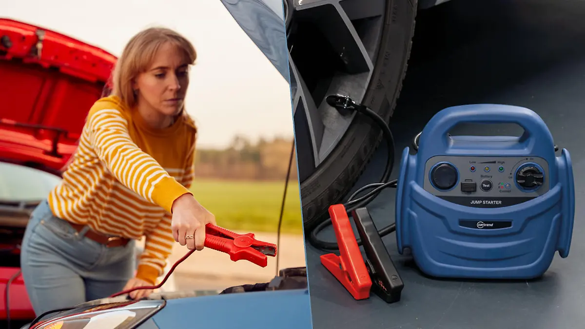 Frau die mit einer Powerstation ihr Auto startet