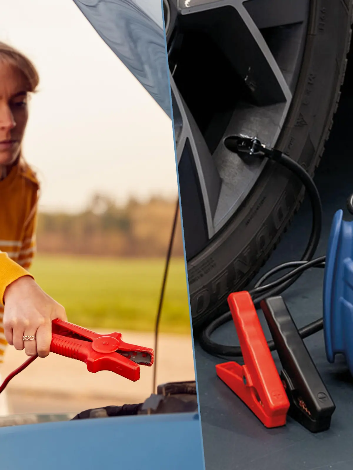 Frau die mit einer Powerstation ihr Auto startet