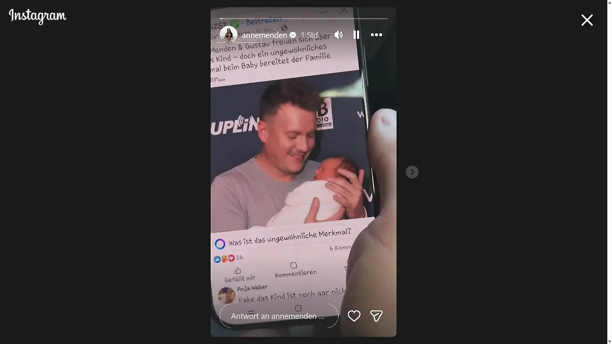 In ihrer Instagram-Story zeigt Anne Menden einen Screenshot von den Fake-Fotos. Darauf ist Gustav zu sehen, wie er angeblich ihr Baby auf dem Arm hält.