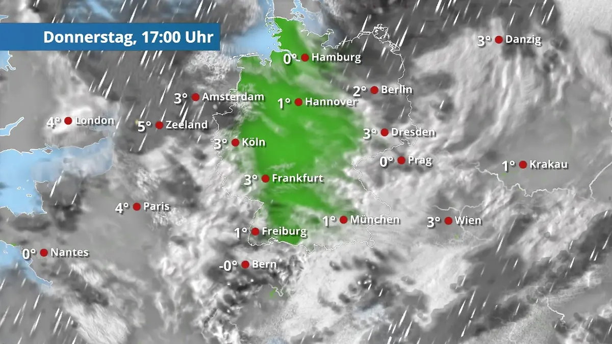 Regen und Schnee, bevor es im Westen aufklart Der Regen- und Wolkenfilm für 48 Stunden