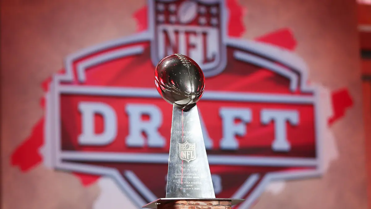 KANSAS CITY, MO - APRIL 27: A view of a Kansas City Chiefs Lombardi Trophy with the NFL, American Football Herren, USA Draft logo in the background during first round of the NFL Draft Red Carpet event on April 27, 2023 at Union Station in Kansas City, MO. Photo by Scott Winters/Icon Sportswire NFL: APR 27 2023 Draft EDITORIAL USE ONLY Icon2304270631