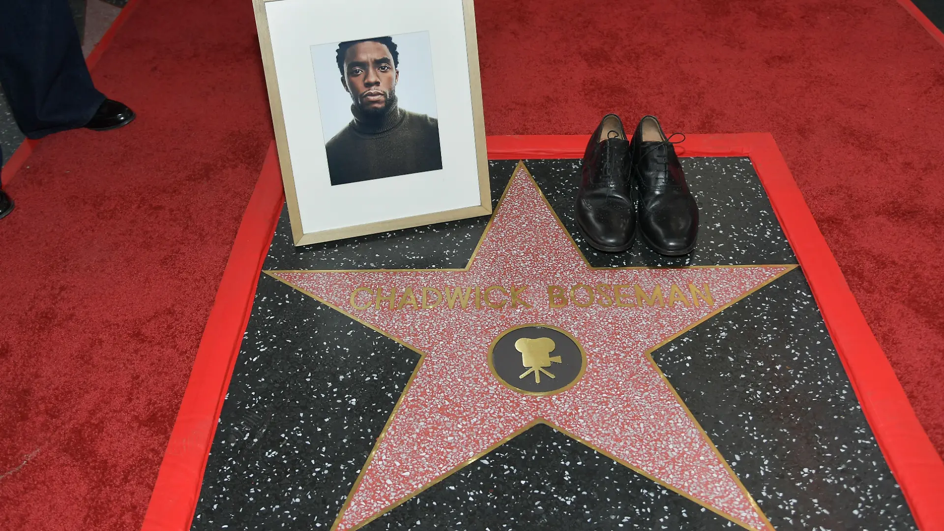 20.11.2025, USA, Los Angeles: Die Schuhe und das Porträt des Schauspielers Chadwick Boseman werden auf seinem neu enthüllten Stern während einer posthumen Zeremonie auf dem Hollywood «Walk of Fame» gezeigt. Foto: Richard Shotwell/Invision/AP/dpa +++ dpa-Bildfunk +++