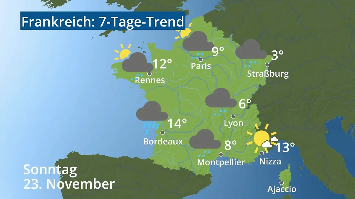 Frankreich: Wie wird das Wetter? Video 7-Tage-Trend: Paris, Straßburg, Nizza, Korsika