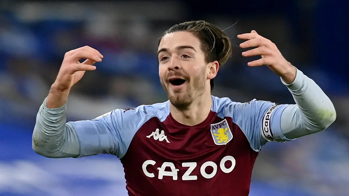 FILE PHOTO: Soccer Football - Premier League - Brighton & Hove Albion v Aston Villa - The American Express Community Stadium, Brighton, Britain - February 13, 2021 Aston Villa's Jack Grealish reacts Pool via REUTERS/Neil Hall/File Photo EDITORIAL USE ONLY. No use with unauthorized audio, video, data, fixture lists, club/league logos or 'live' services. Online in-match use limited to 75 images, no video emulation. No use in betting, games or single club /league/player publications.  Please contact your account representative for further details.