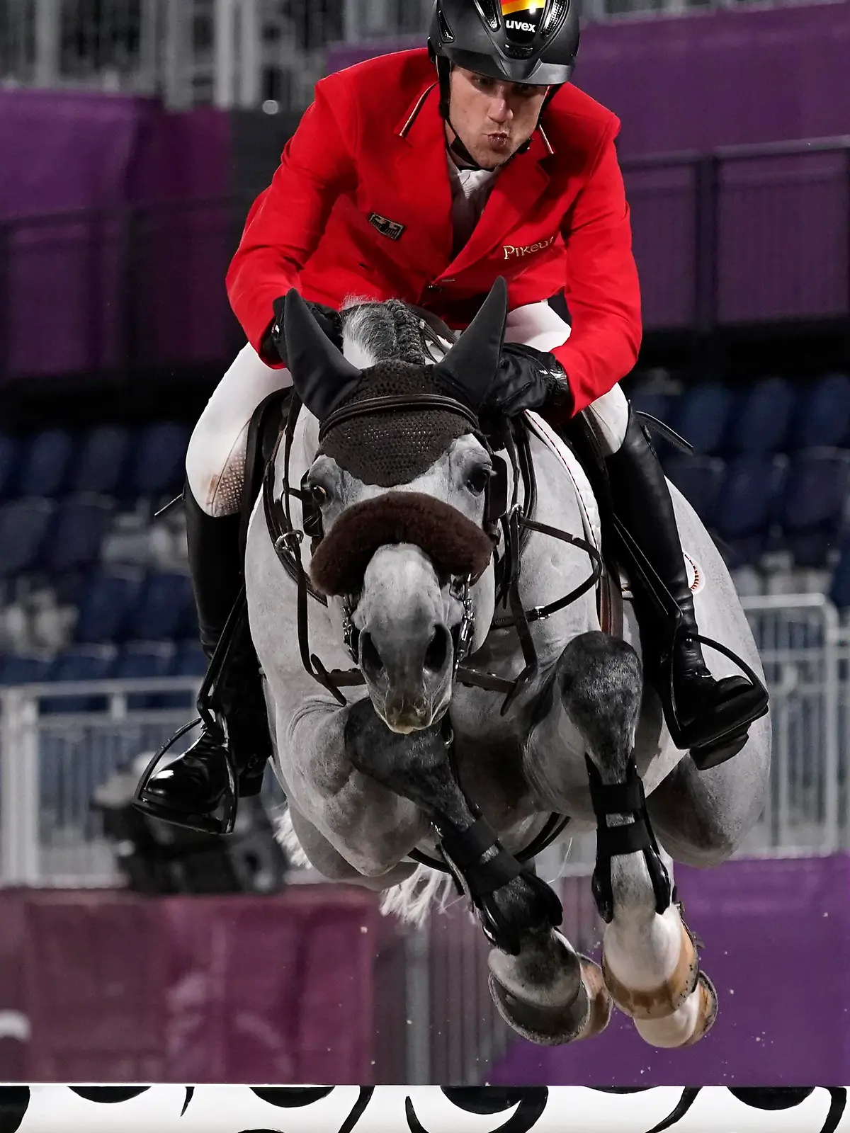 Germany's Christian Kukuk, riding Mumbai, competes during the equestrian jumping individual qualifying at Equestrian Park in Tokyo at the 2020 Summer Olympics, Tuesday, Aug. 3, 2021, in Tokyo, Japan. (AP Photo/Carolyn Kaster)
