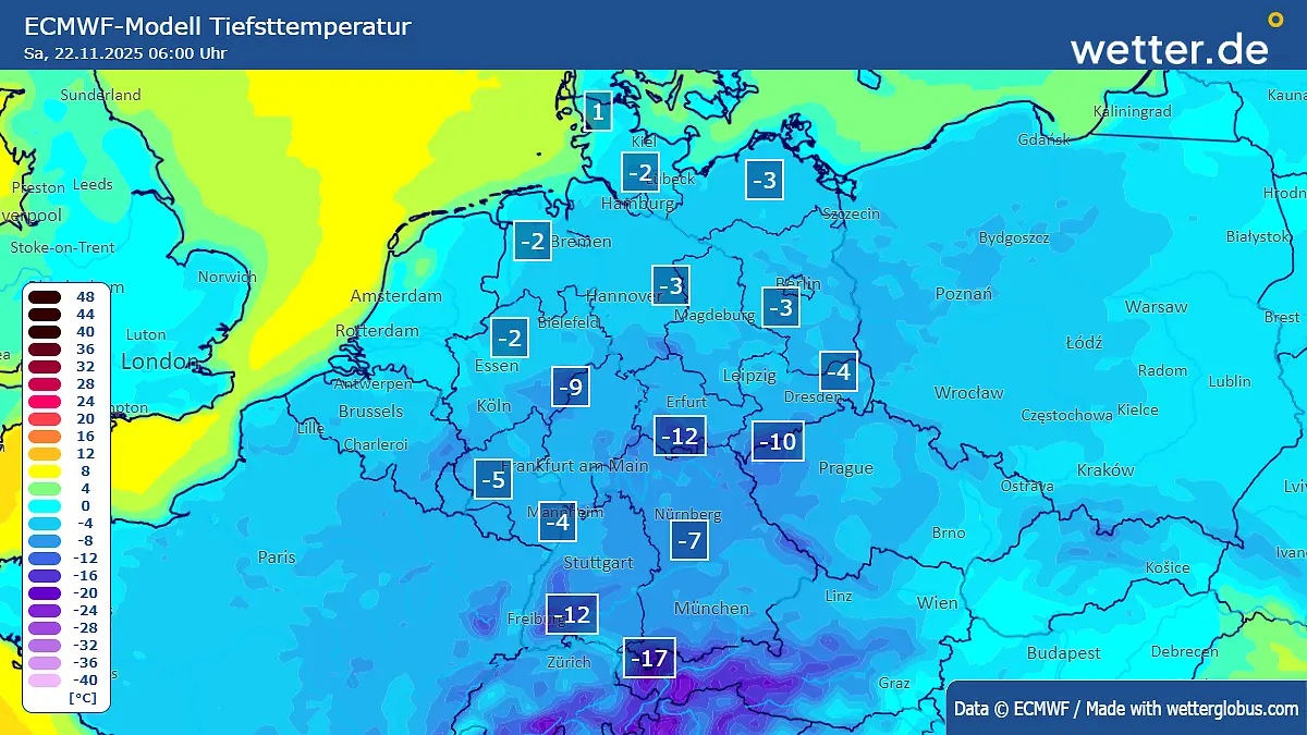 Tiefstwerte am Sonntagmorgen
