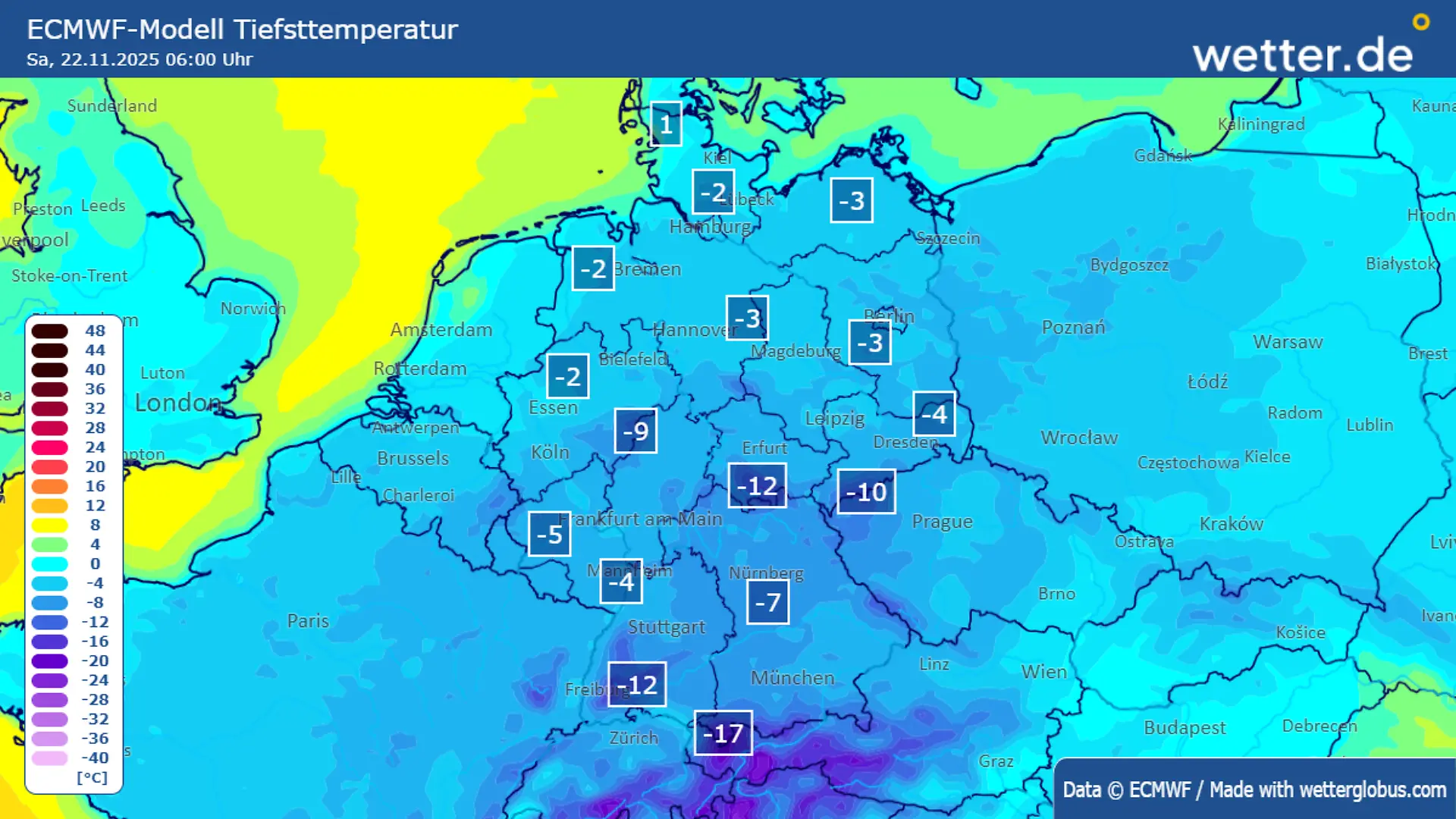 Tiefstwerte am Sonntagmorgen