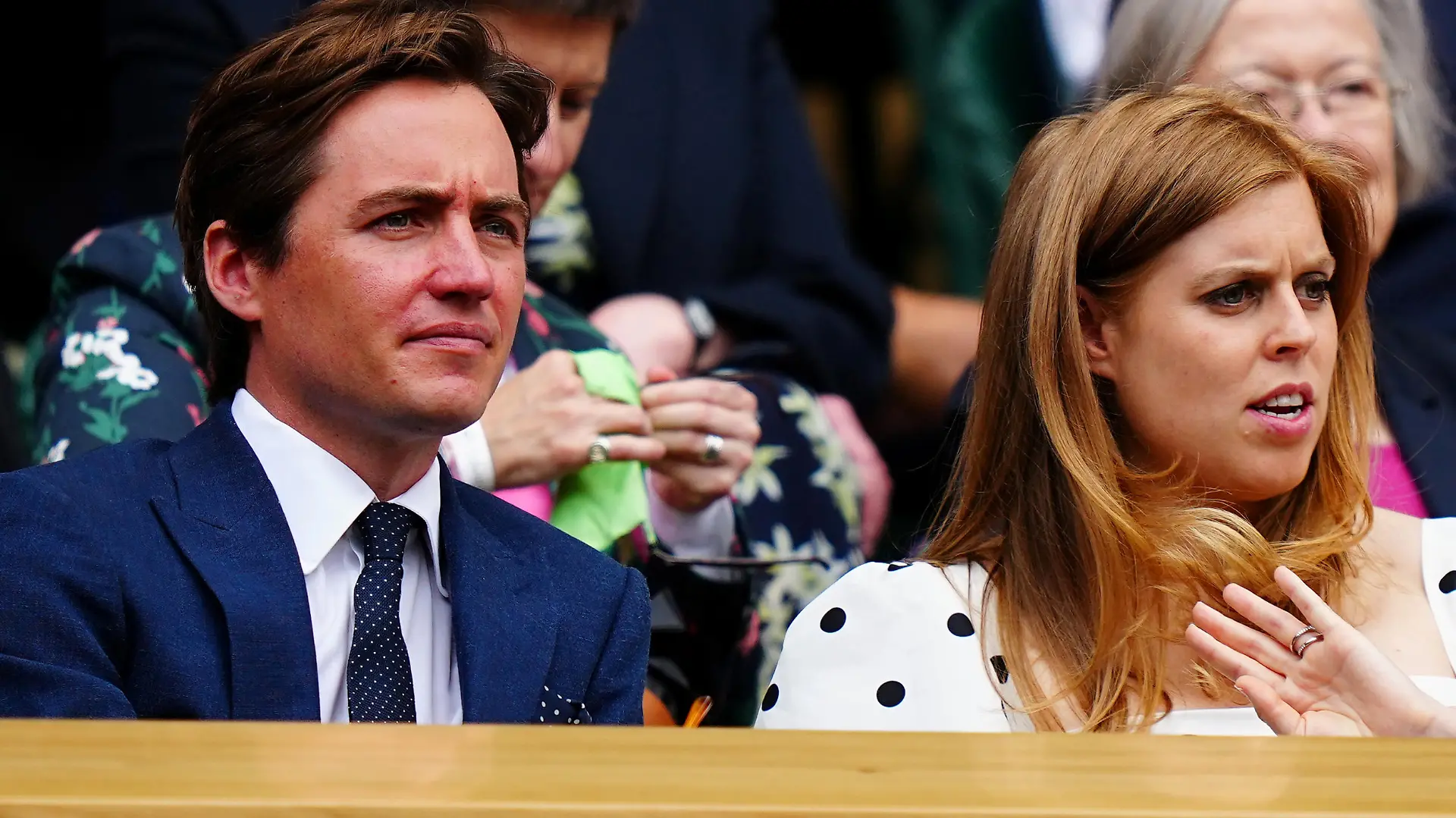 LONDON, ENGLAND - JULY 08: Princess Beatrice and her husband Edoardo Mapelli Mozzi look on ahead of the start of the Ladies' Singles Semi-Final matches on centre court during Day Ten of The Championships - Wimbledon 2021 at All England Lawn Tennis and Croquet Club on July 08, 2021 in London, England. (Photo by Mike Hewitt/Getty Images)