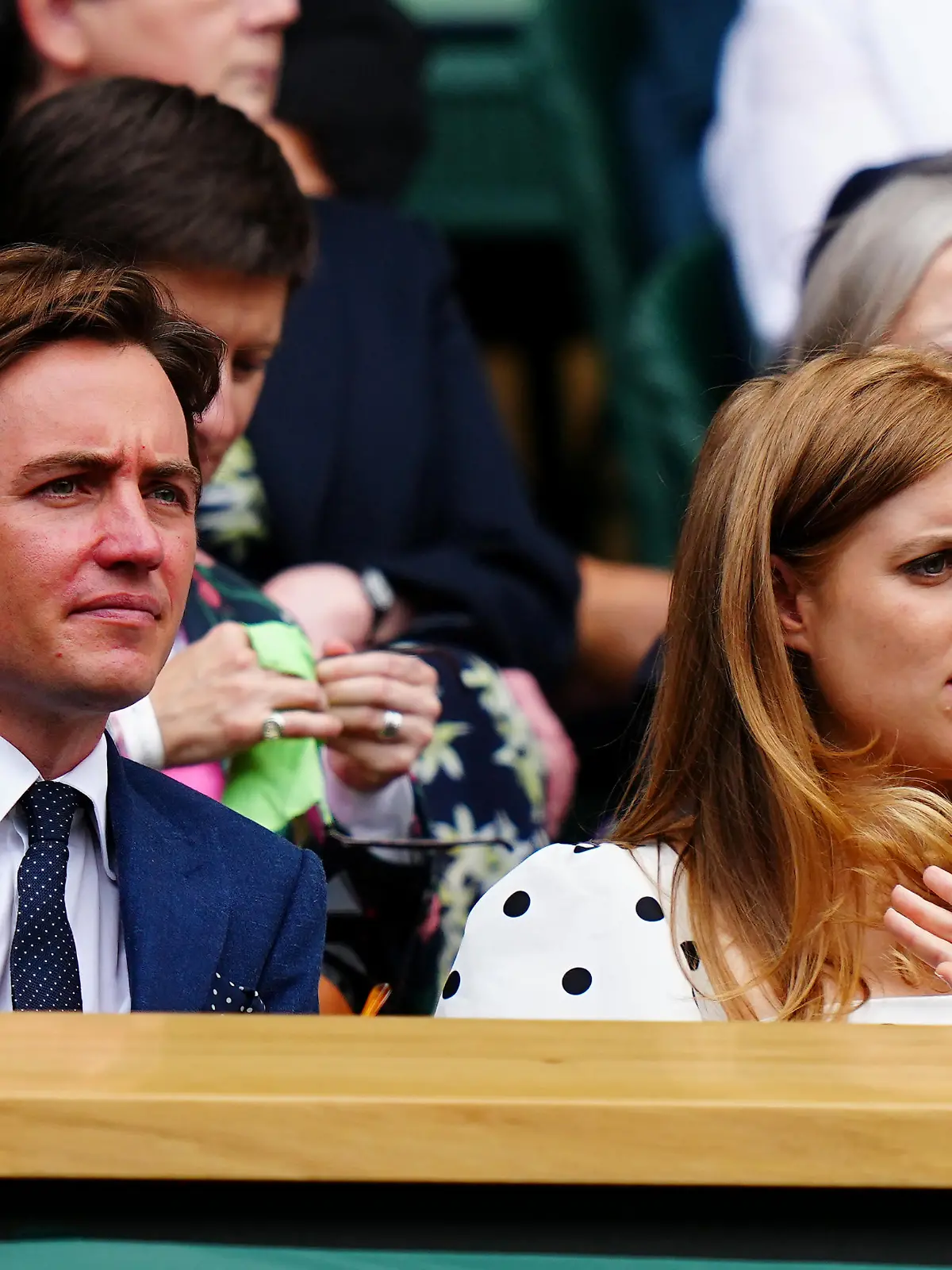 LONDON, ENGLAND - JULY 08:  Princess Beatrice and her husband Edoardo Mapelli Mozzi look on ahead of the start of the Ladies' Singles Semi-Final matches on centre court during Day Ten of The Championships - Wimbledon 2021 at All England Lawn Tennis and Croquet Club on July 08, 2021 in London, England. (Photo by Mike Hewitt/Getty Images)