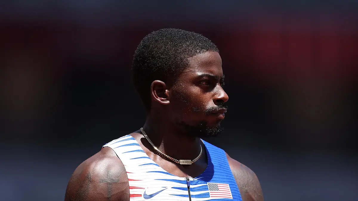 TOKYO, JAPAN - AUGUST 05: Trayvon Bromell of Team United States looks on prior to competing in round one of the Men's 4 x 100m Relay heats on day thirteen of the Tokyo 2020 Olympic Games at Olympic Stadium on August 05, 2021 in Tokyo, Japan. (Photo by Christian Petersen/Getty Images)