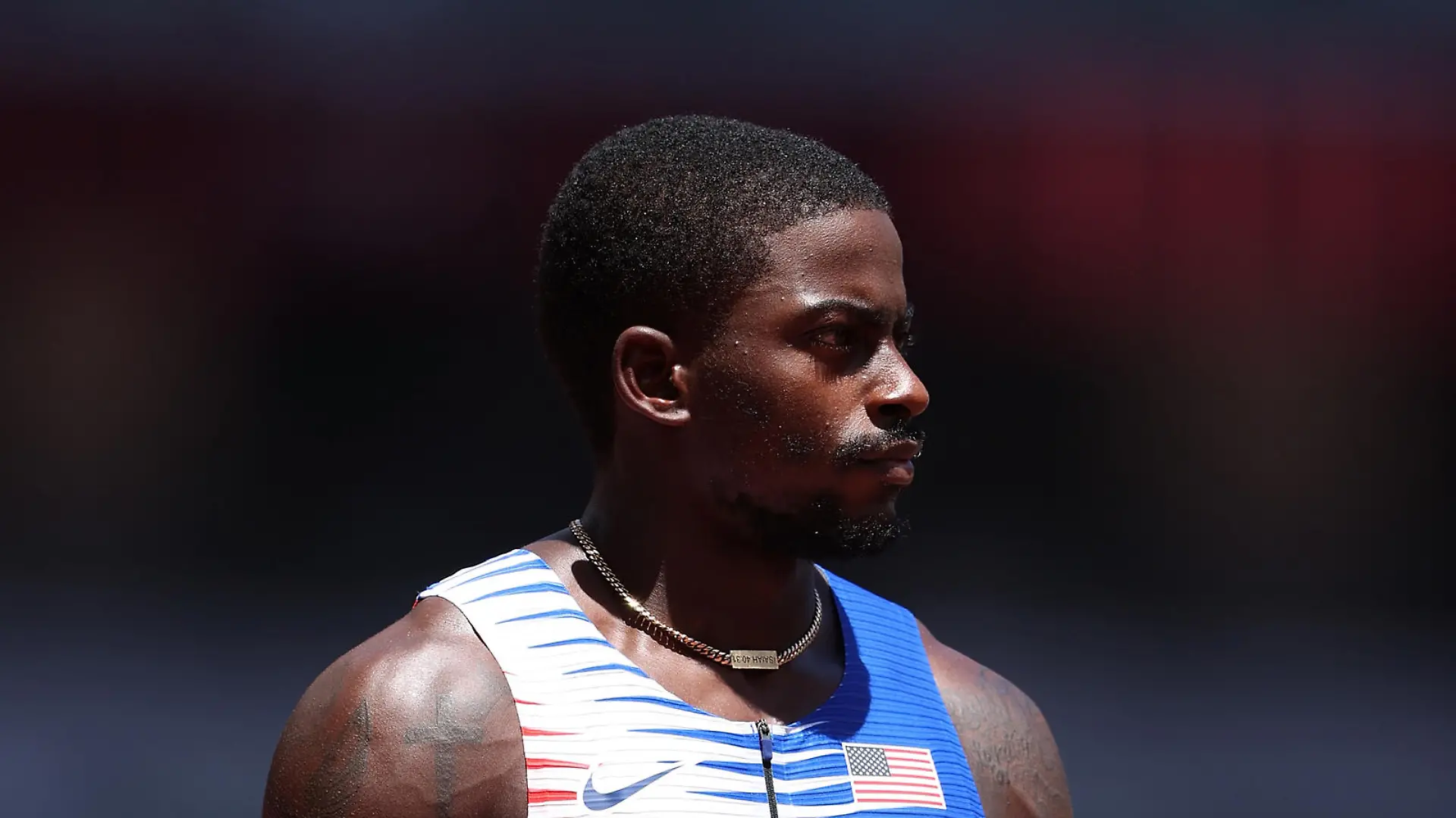 TOKYO, JAPAN - AUGUST 05: Trayvon Bromell of Team United States looks on prior to competing in round one of the Men's 4 x 100m Relay heats on day thirteen of the Tokyo 2020 Olympic Games at Olympic Stadium on August 05, 2021 in Tokyo, Japan. (Photo by Christian Petersen/Getty Images)