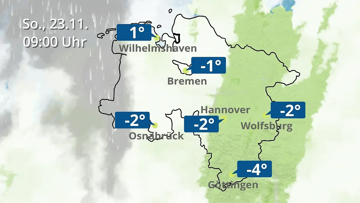 Bremen und Niedersachsen: Wie wird das Wetter? Regen- und Wolkenfilm für Hannover, Osnabrück und Wolfsburg