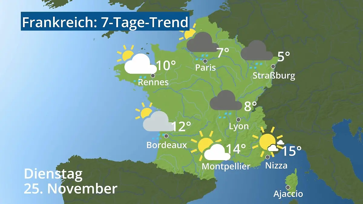 Frankreich: Wie wird das Wetter? Video 7-Tage-Trend: Paris, Straßburg, Nizza, Korsika