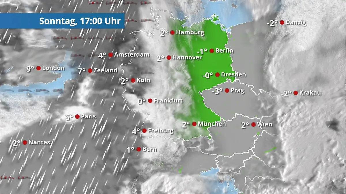 Wolken in der Westhälfte, dann Schnee und Regen Der Regen- und Wolkenfilm für 48 Stunden