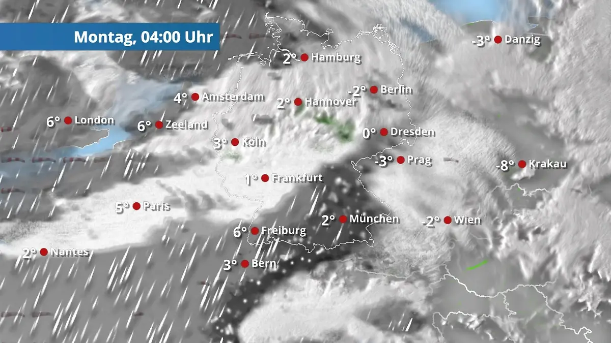 Schnee und Regen dominieren - Glätte-Gefahr Der Regen- und Wolkenfilm für 48 Stunden
