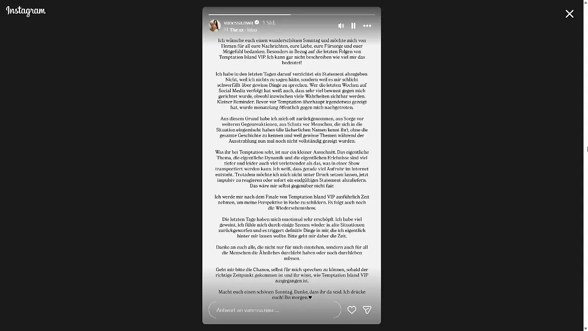 In ihrer Instagram-Story veröffentlicht Vanessa jetzt ein langes Statement über ihre aktuelle Gefühlslage. 