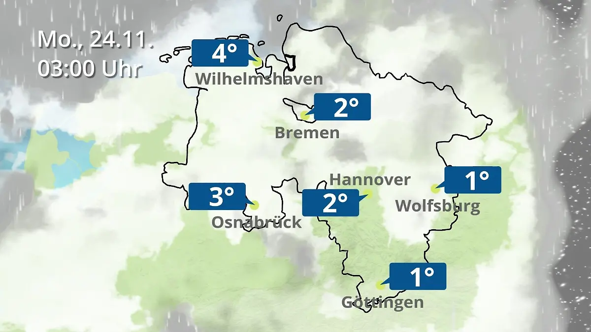 Bremen und Niedersachsen: Wie wird das Wetter? Regen- und Wolkenfilm für Hannover, Osnabrück und Wolfsburg