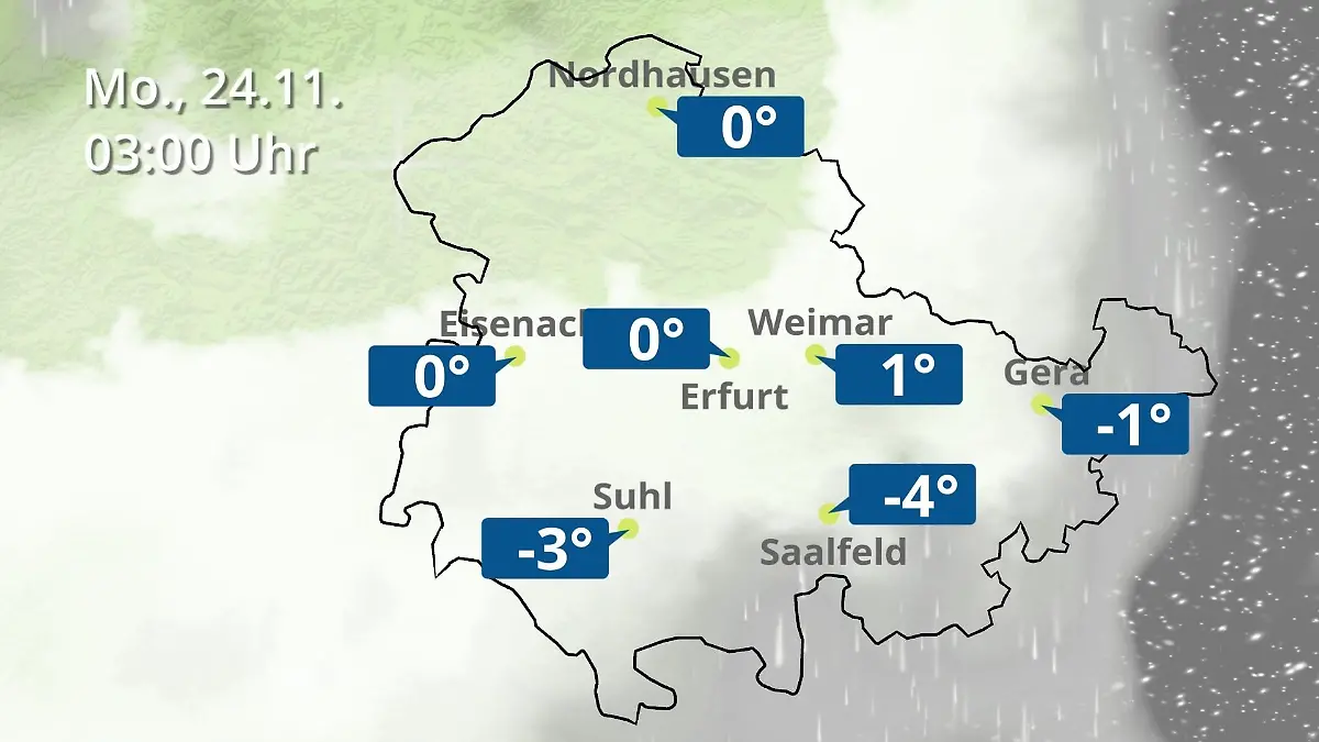 Thüringen: Wie wird das Wetter? Regen- und Wolkenfilm für Erfurt, Gera und Eisenach