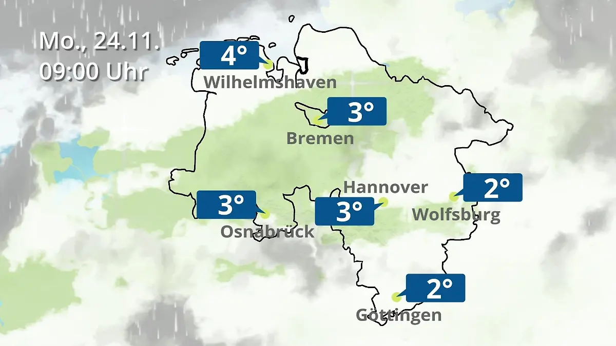 Bremen und Niedersachsen: Wie wird das Wetter? Regen- und Wolkenfilm für Hannover, Osnabrück und Wolfsburg