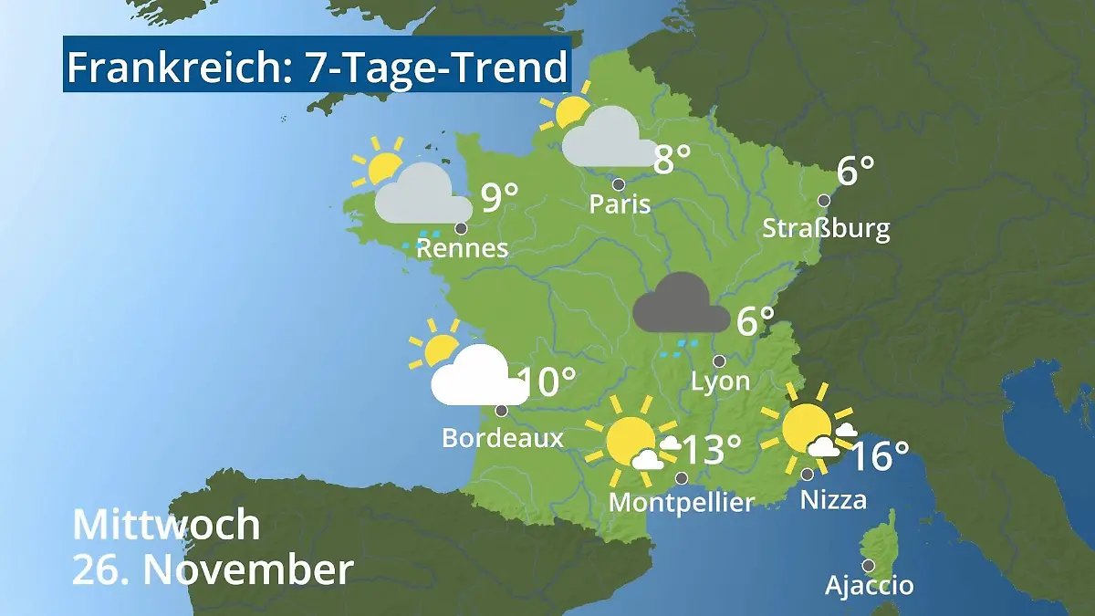 Frankreich: Wie wird das Wetter? Video 7-Tage-Trend: Paris, Straßburg, Nizza, Korsika