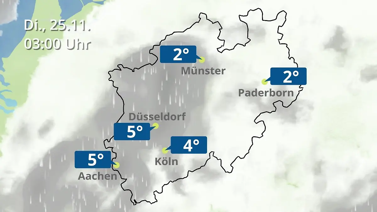Nordrhein-Westfalen: Wie wird das Wetter? Regen- und Wolkenfilm für Köln, Düsseldorf und Münster