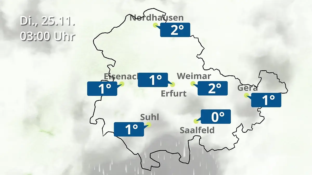 Thüringen: Wie wird das Wetter? Regen- und Wolkenfilm für Erfurt, Gera und Eisenach