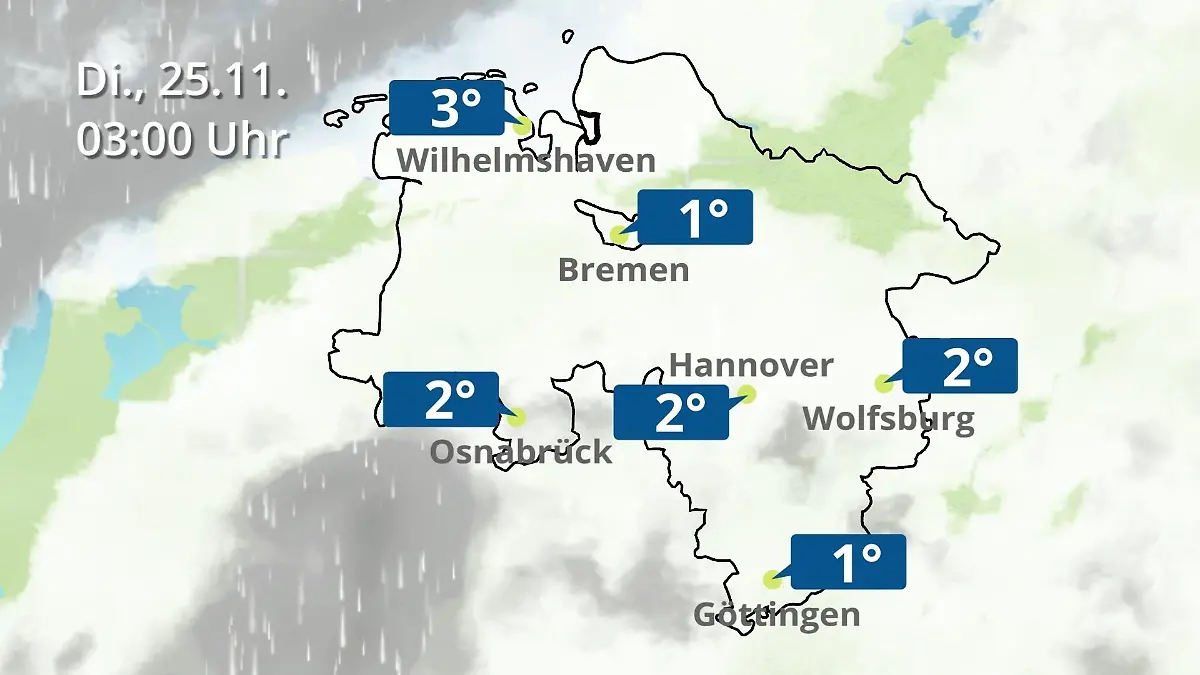Bremen und Niedersachsen: Wie wird das Wetter? Regen- und Wolkenfilm für Hannover, Osnabrück und Wolfsburg