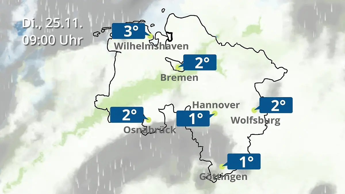 Bremen und Niedersachsen: Wie wird das Wetter? Regen- und Wolkenfilm für Hannover, Osnabrück und Wolfsburg