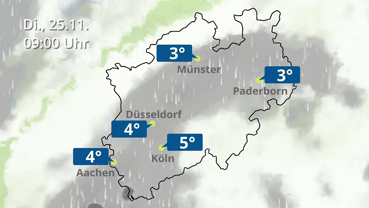 Nordrhein-Westfalen: Wie wird das Wetter? Regen- und Wolkenfilm für Köln, Düsseldorf und Münster