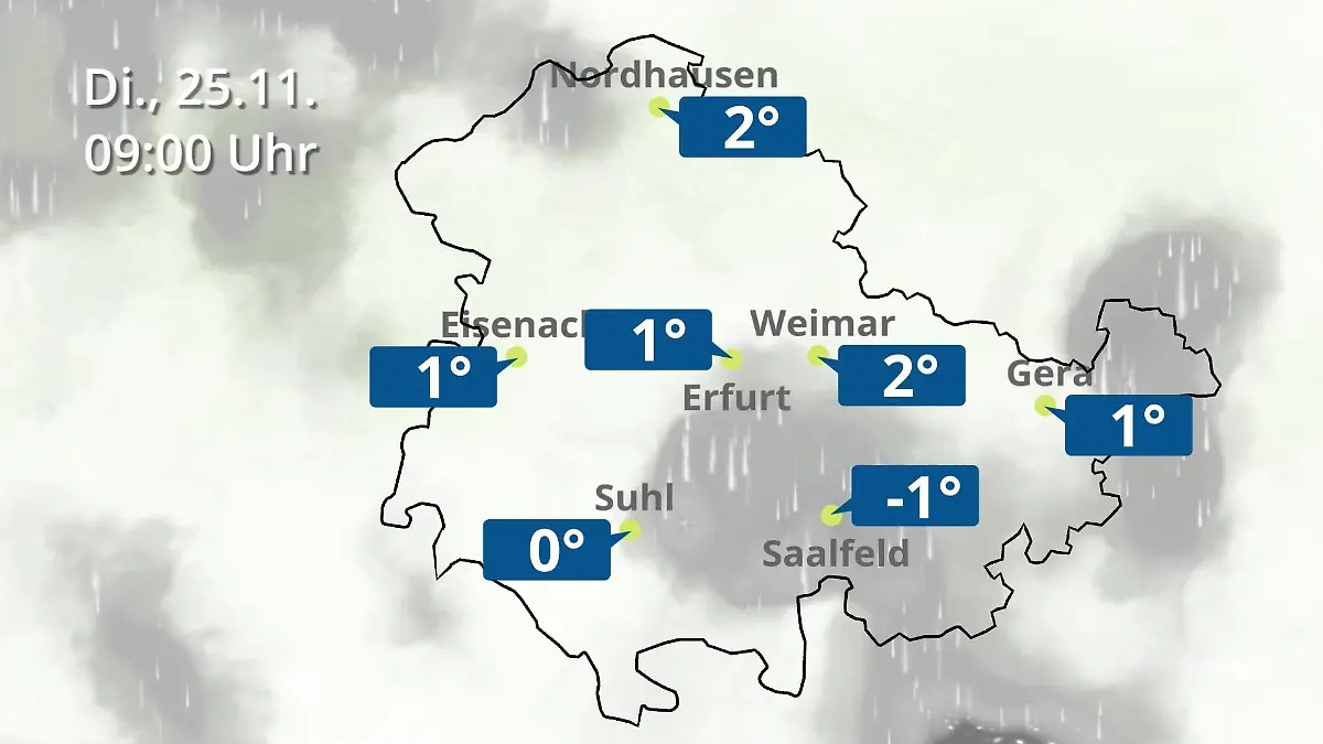 Thüringen: Wie wird das Wetter? Regen- und Wolkenfilm für Erfurt, Gera und Eisenach