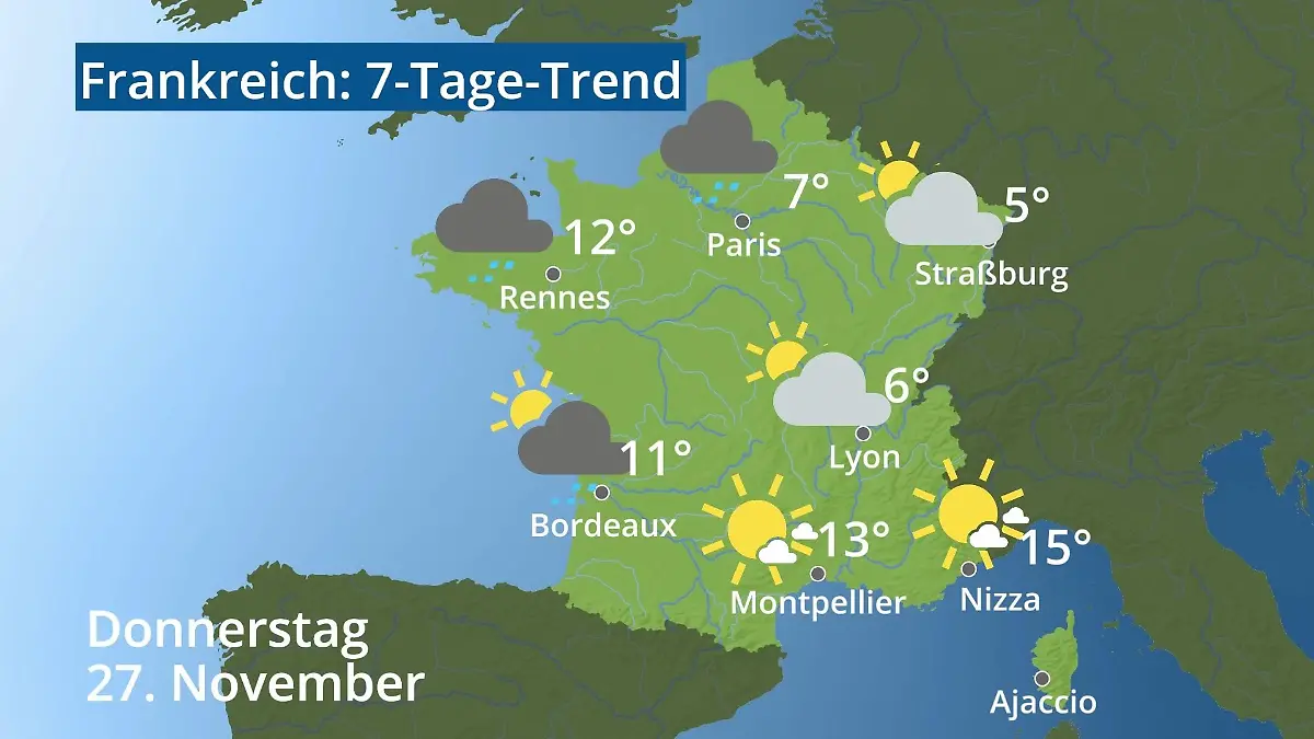Frankreich: Wie wird das Wetter? Video 7-Tage-Trend: Paris, Straßburg, Nizza, Korsika