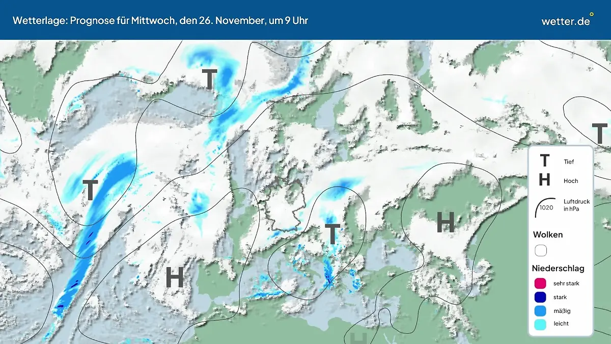 Die Wetterlage der kommenden 5 Tage Hochs und Tiefs über Europa