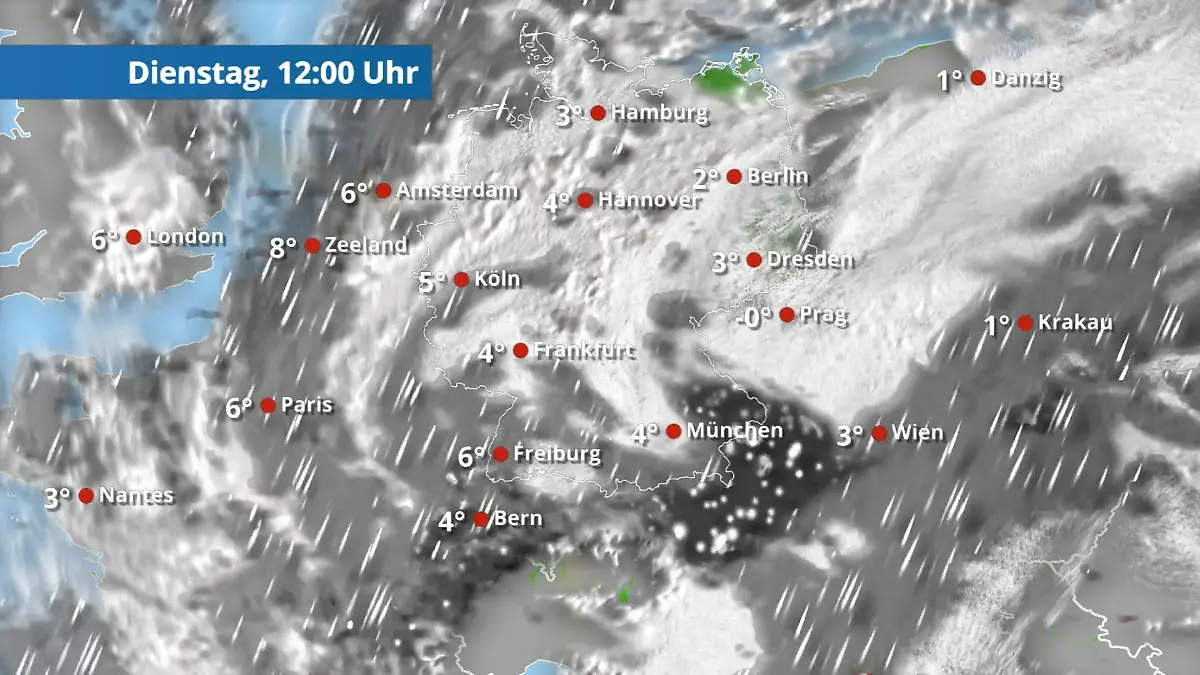 Tief Ulf schickt feuchte Luft und Schnee im Bergland Der Regen- und Wolkenfilm für 48 Stunden