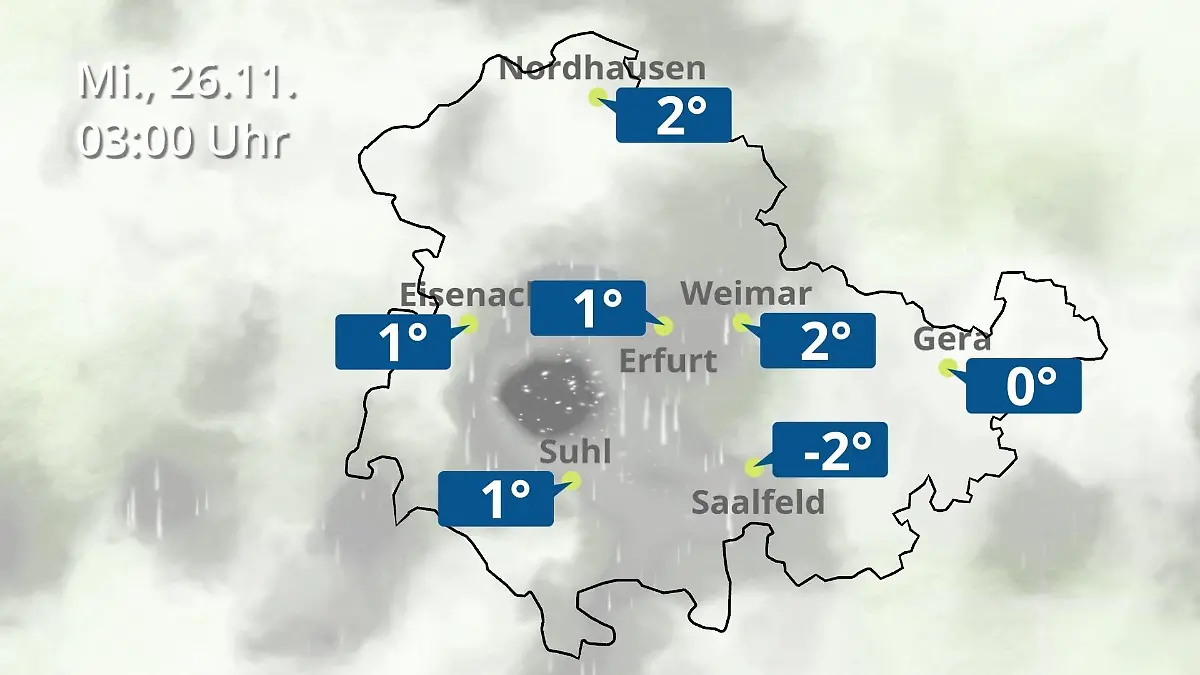 Thüringen: Wie wird das Wetter? Regen- und Wolkenfilm für Erfurt, Gera und Eisenach