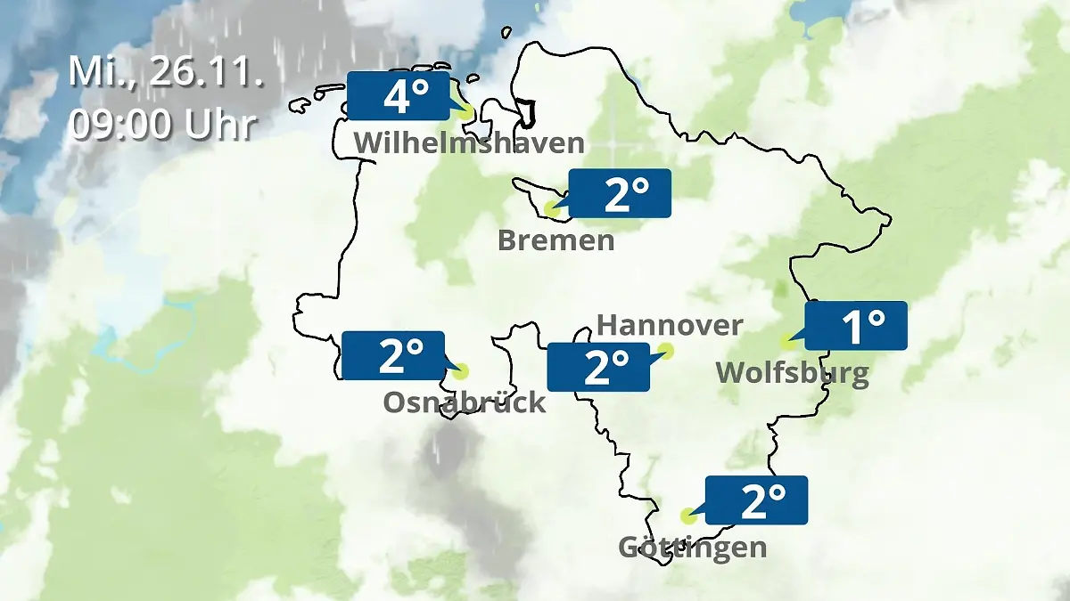 Bremen und Niedersachsen: Wie wird das Wetter? Regen- und Wolkenfilm für Hannover, Osnabrück und Wolfsburg