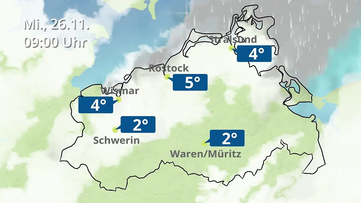 Mecklenburg-Vorpommern: Wie wird das Wetter? Regen- und Wolkenfilm für Rostock, Rügen und die Ostseeküste