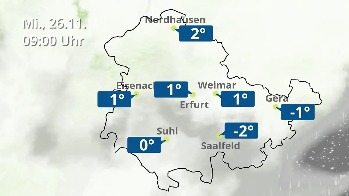 Thüringen: Wie wird das Wetter? Regen- und Wolkenfilm für Erfurt, Gera und Eisenach