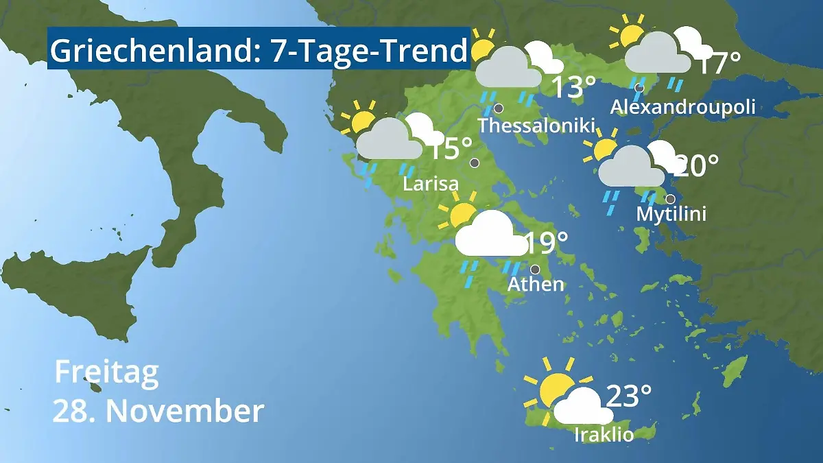 Griechenland: Wie wird das Wetter? Video 7-Tage-Trend: Athen, Kreta, Lesbos