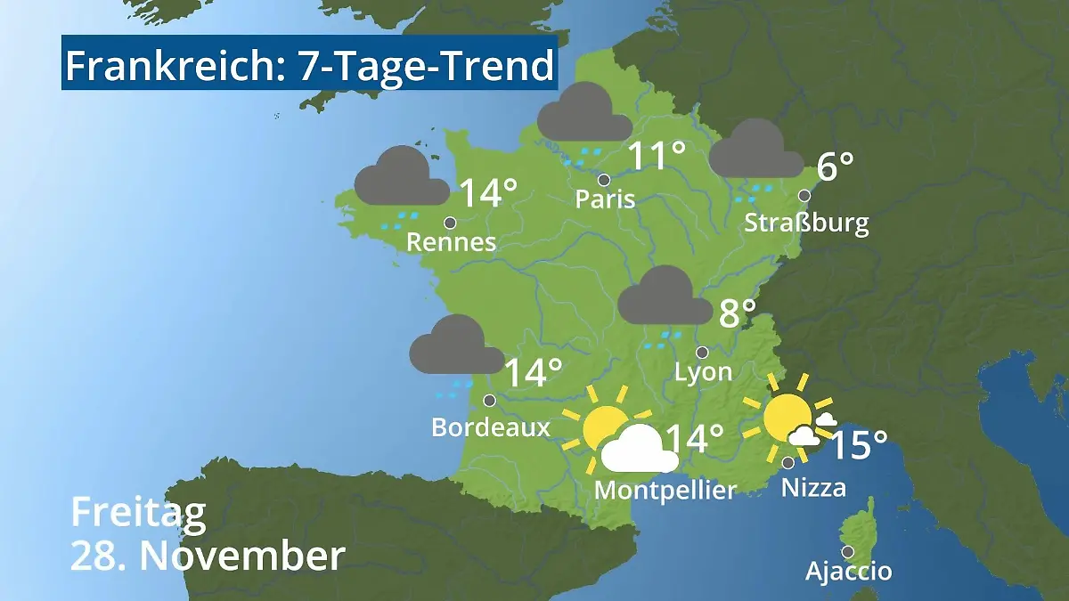 Frankreich: Wie wird das Wetter? Video 7-Tage-Trend: Paris, Straßburg, Nizza, Korsika