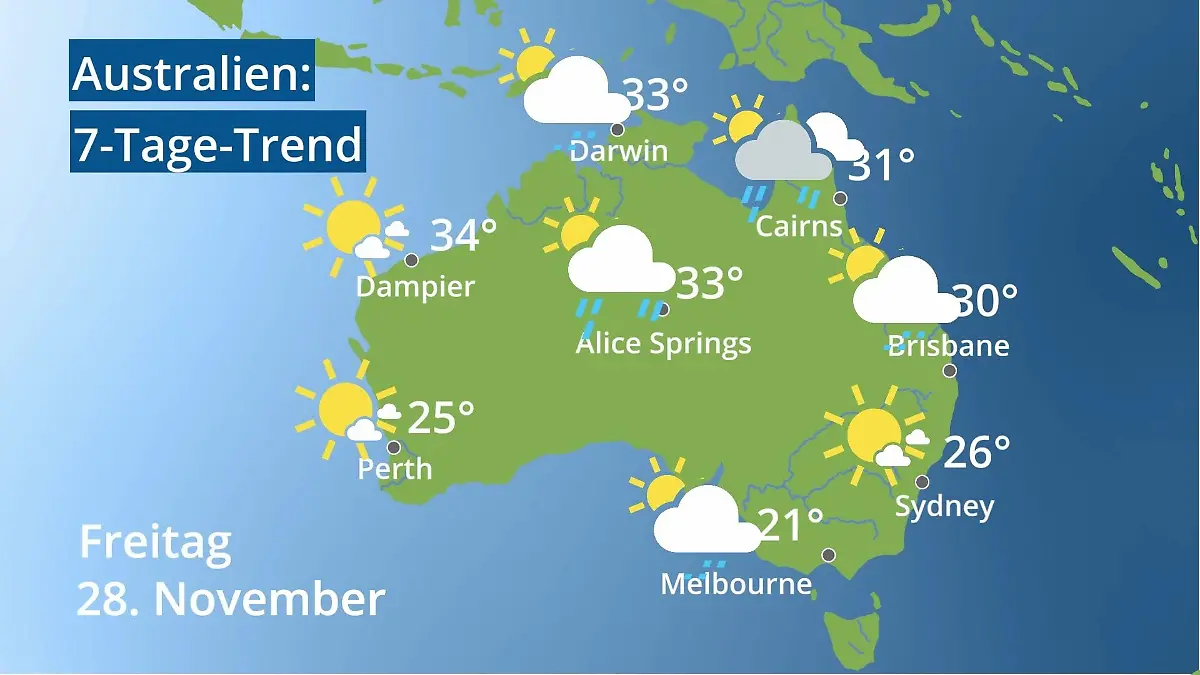 Australien: Wie wird das Wetter? Video 7-Tage-Trend: Sydney, Melbourne, Perth