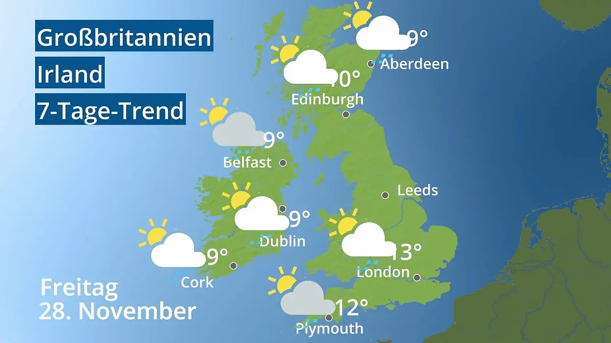 England, Schottland, Wales: Wie wird das Wetter? Video 7-Tage-Trend: Großbritannien und Irland