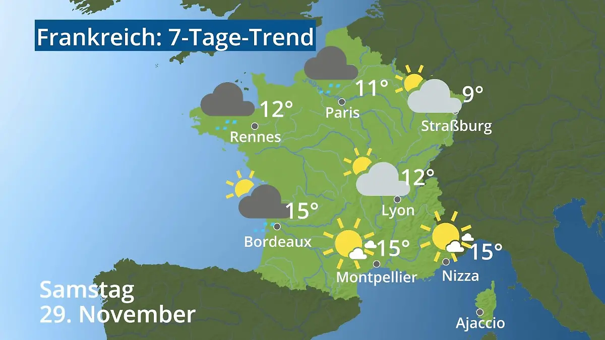 Frankreich: Wie wird das Wetter? Video 7-Tage-Trend: Paris, Straßburg, Nizza, Korsika