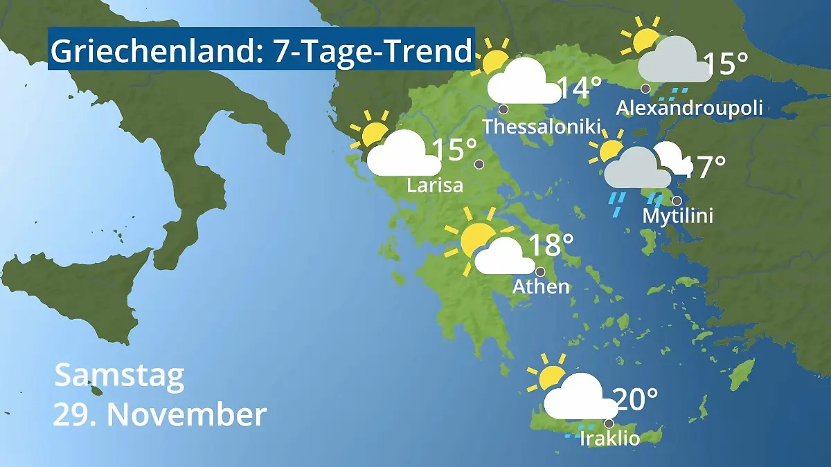 Griechenland: Wie wird das Wetter? Video 7-Tage-Trend: Athen, Kreta, Lesbos