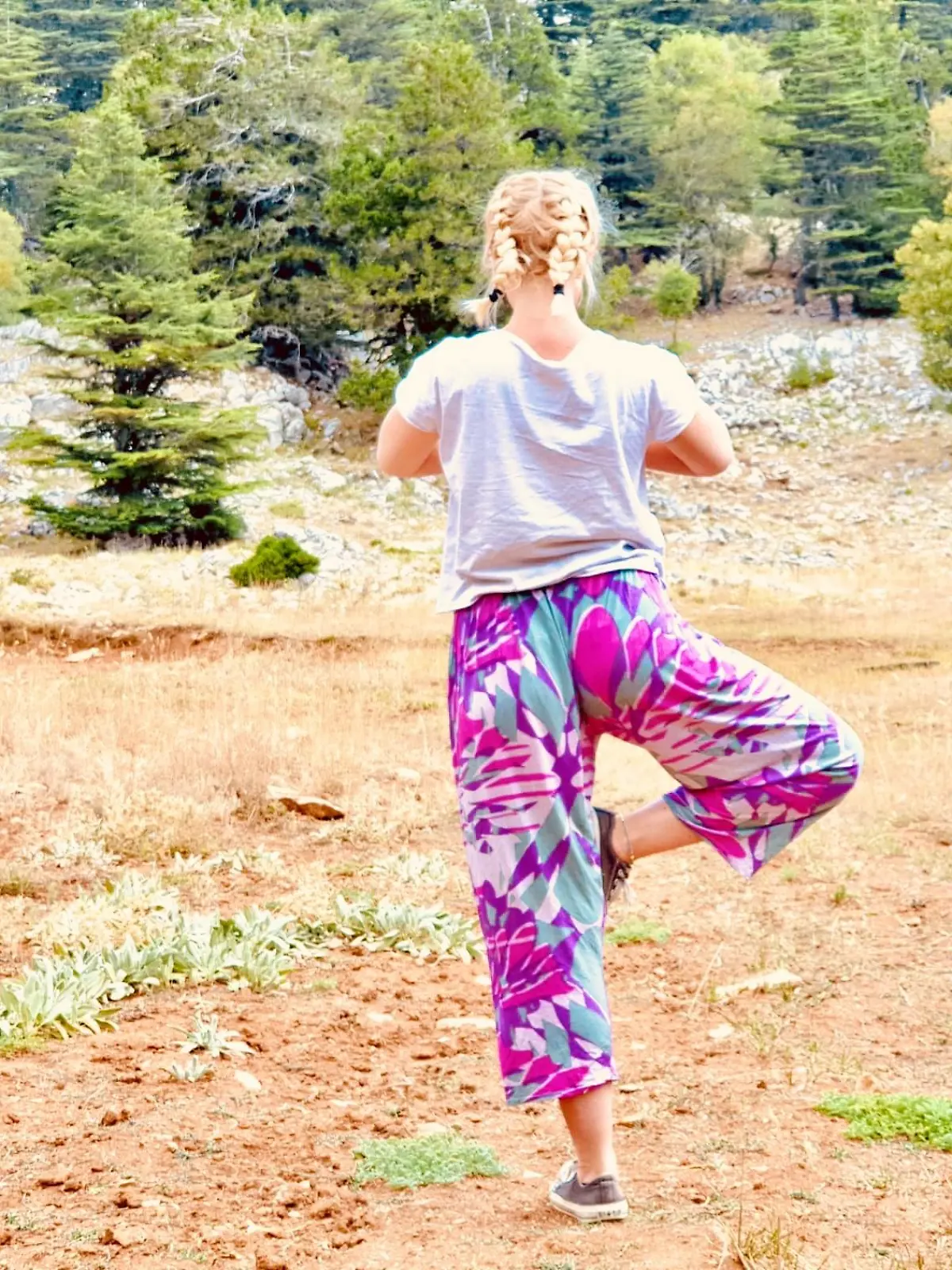 Blonde Frau von hinten macht die Yogaposition "Baum". Im Hintergrund ist ein Wals